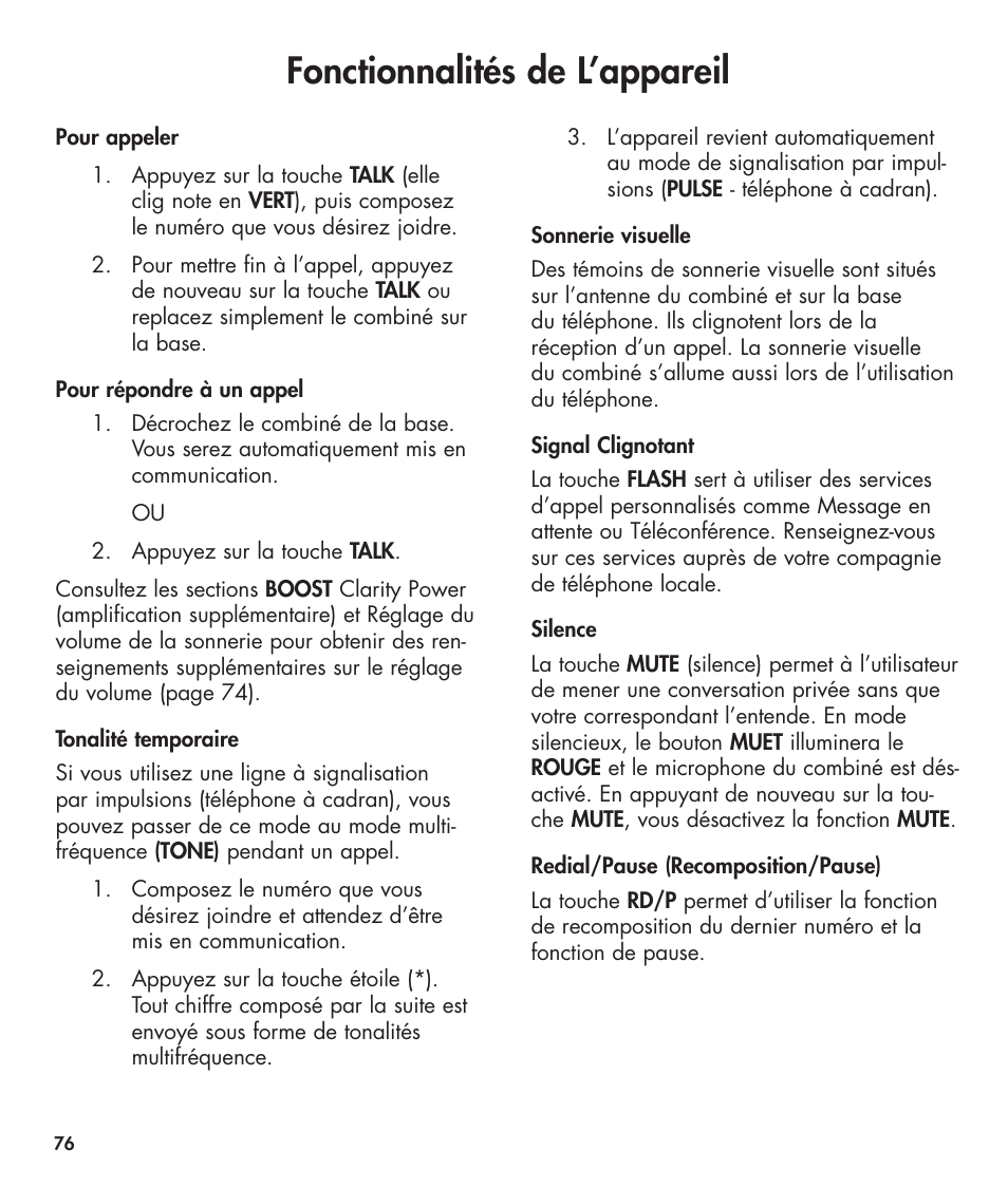Fonctionnalités de l’appareil | Clarity 420 User Manual | Page 76 / 92
