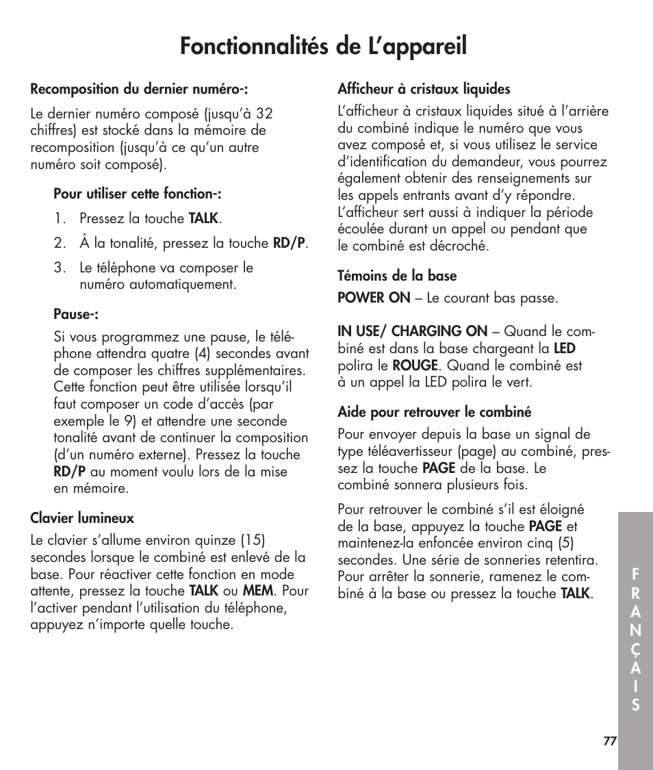 Fonctionnalités de l’appareil | Clarity 420 User Manual | Page 77 / 92