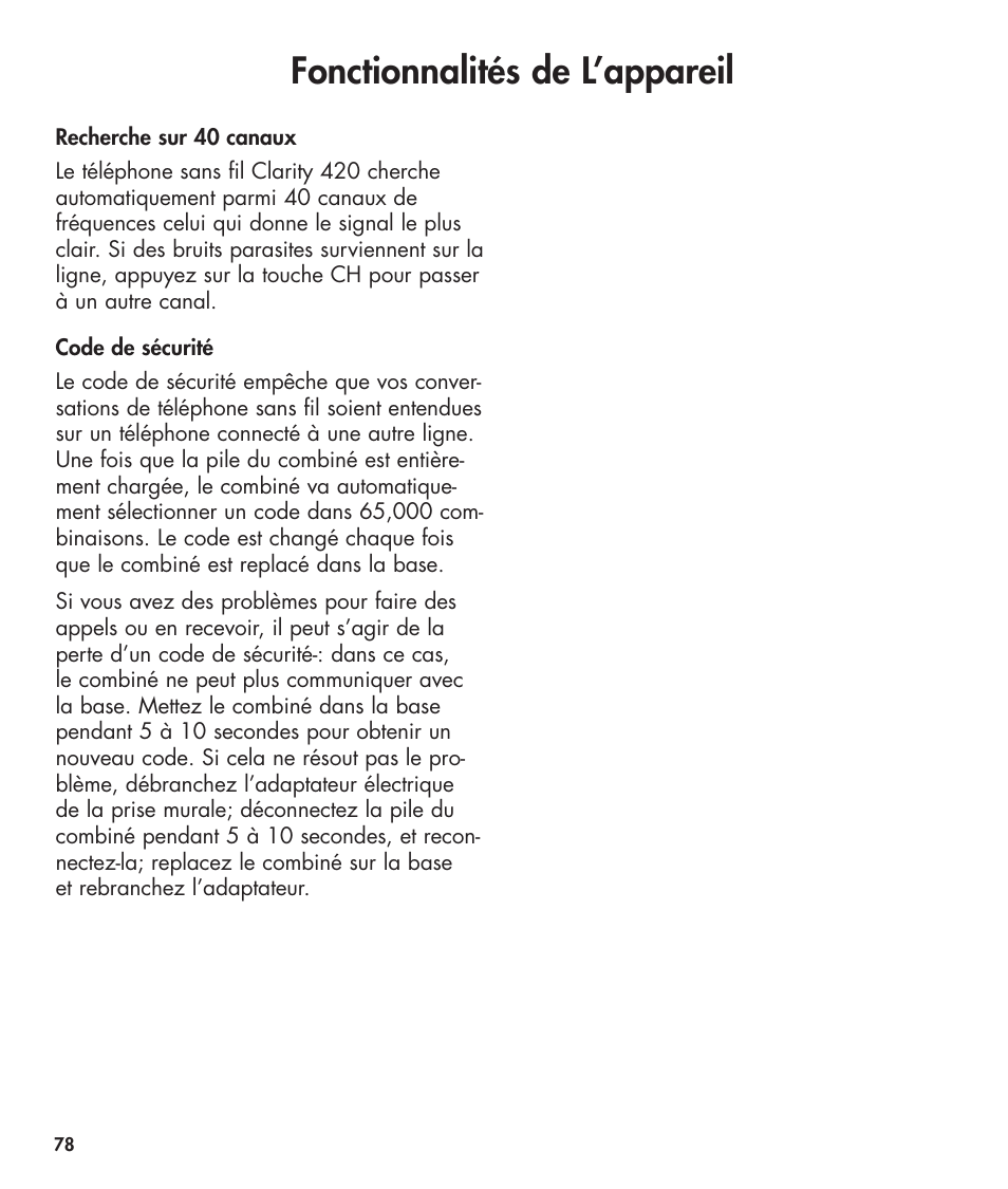 Fonctionnalités de l’appareil | Clarity 420 User Manual | Page 78 / 92