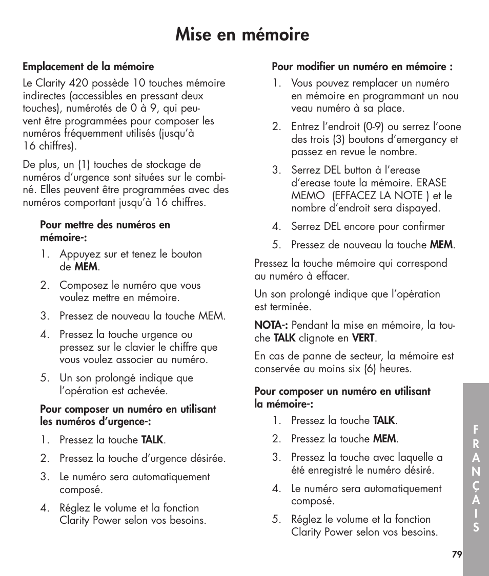 Mise en mémoire | Clarity 420 User Manual | Page 79 / 92