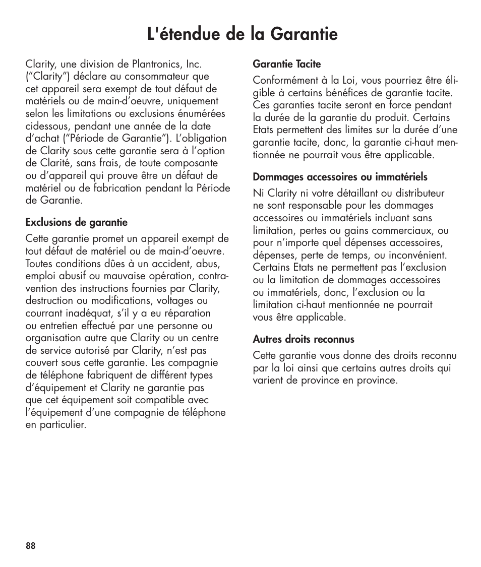 L'étendue de la garantie | Clarity 420 User Manual | Page 88 / 92