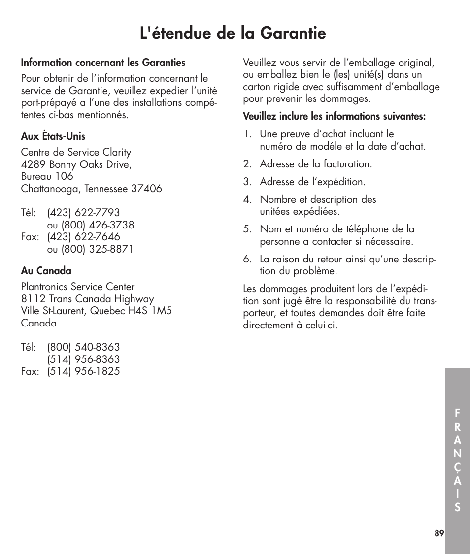 L'étendue de la garantie | Clarity 420 User Manual | Page 89 / 92