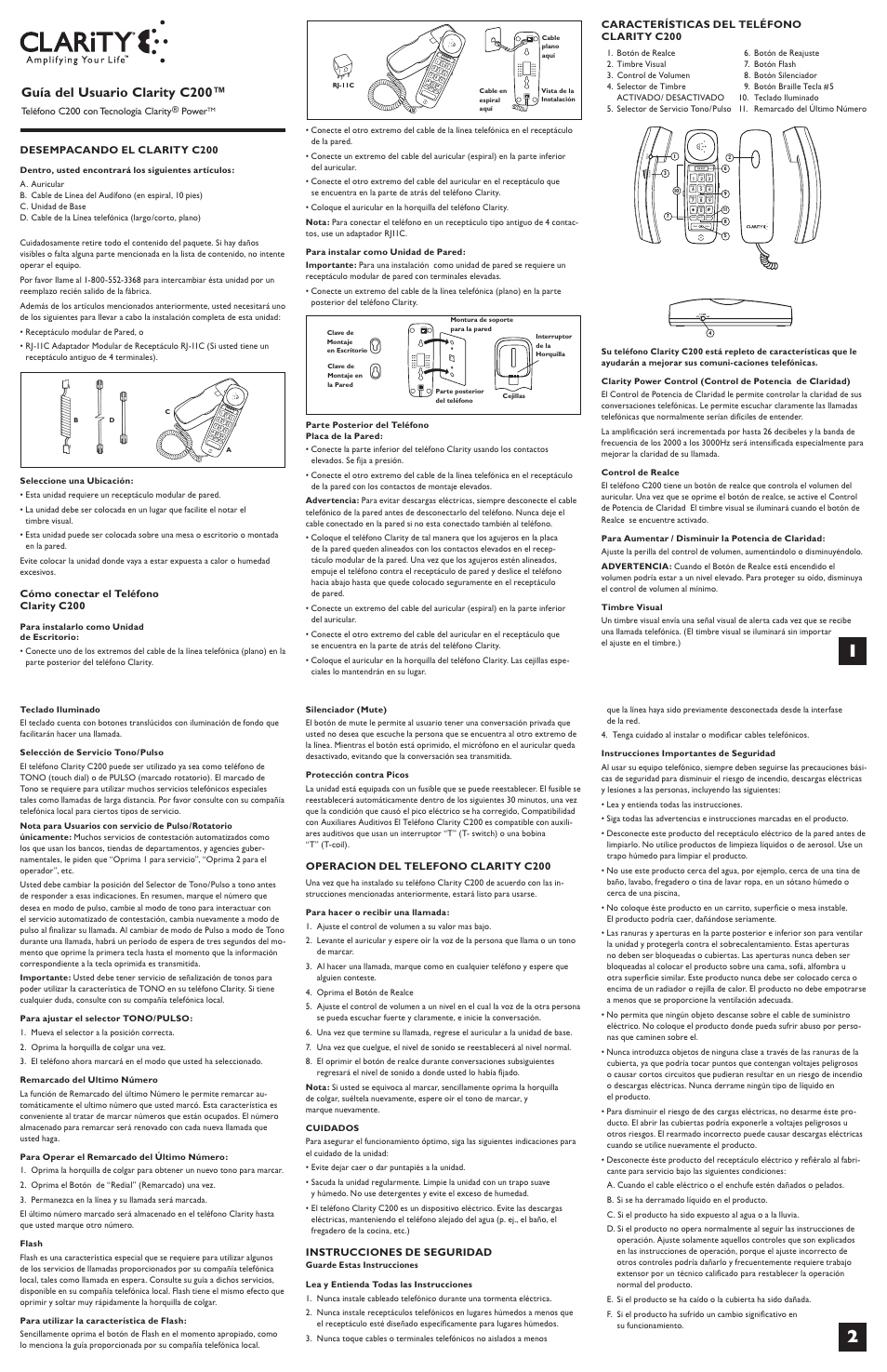 Jk l, Guía del usuario clarity c200, Mute | Redial flash, Tone pulse | Clarity c200 User Manual | Page 3 / 6
