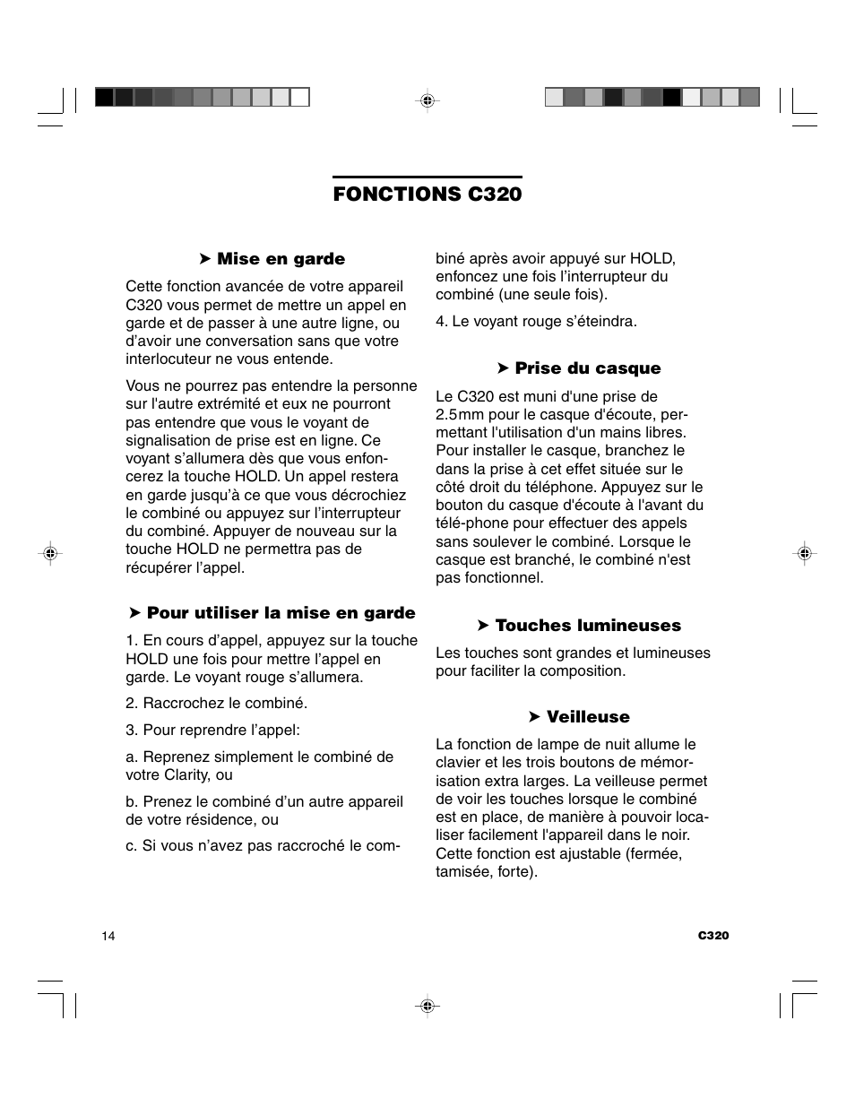 Fonctions c320 | Clarity C320 User Manual | Page 74 / 88