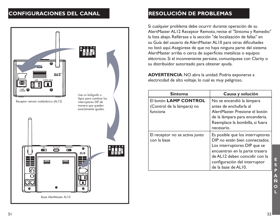 Configuraciones del canal, Resolución de problemas | Clarity ALERTMASTER AL12 User Manual | Page 27 / 32