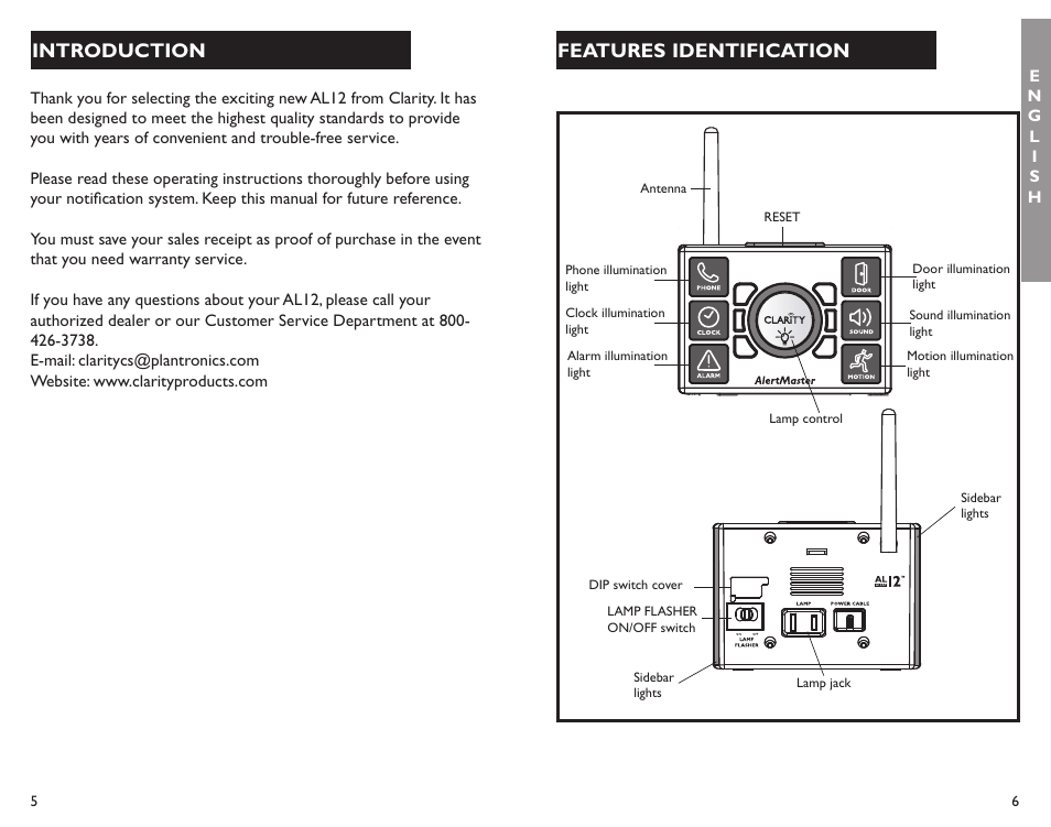 Introduction features identification | Clarity ALERTMASTER AL12 User Manual | Page 4 / 32