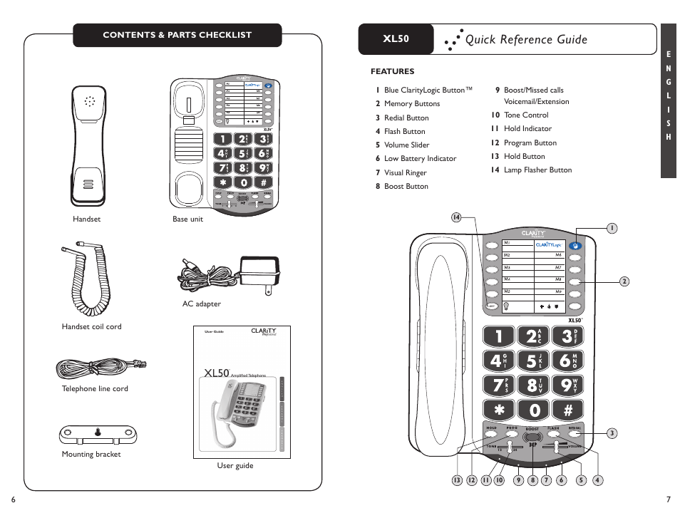 Quick reference guide, Xl50 | Clarity XL50 User Manual | Page 4 / 53