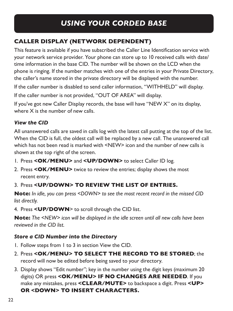 Using your corded base | Clarity E814CC User Manual | Page 22 / 64