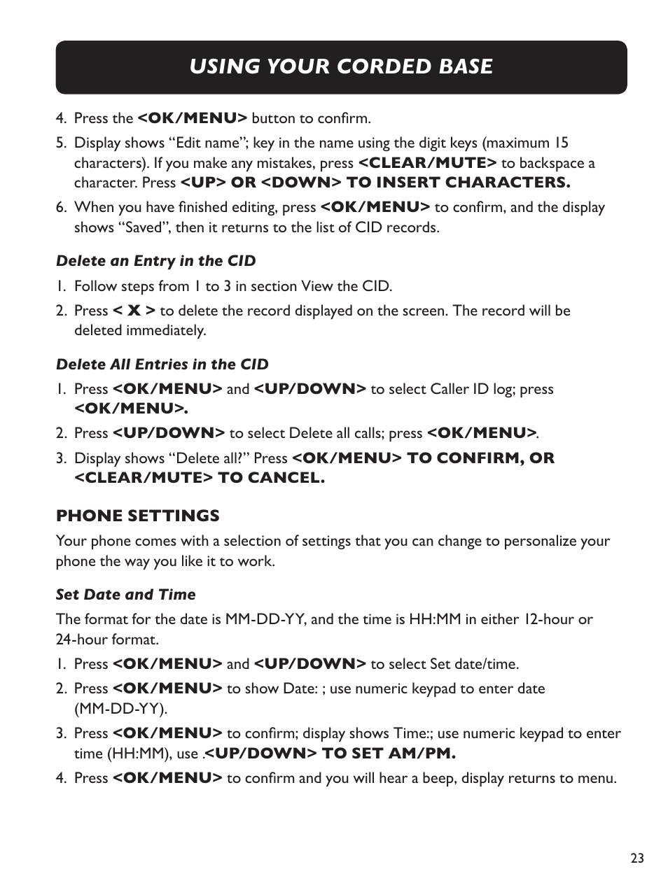 Using your corded base | Clarity E814CC User Manual | Page 23 / 64
