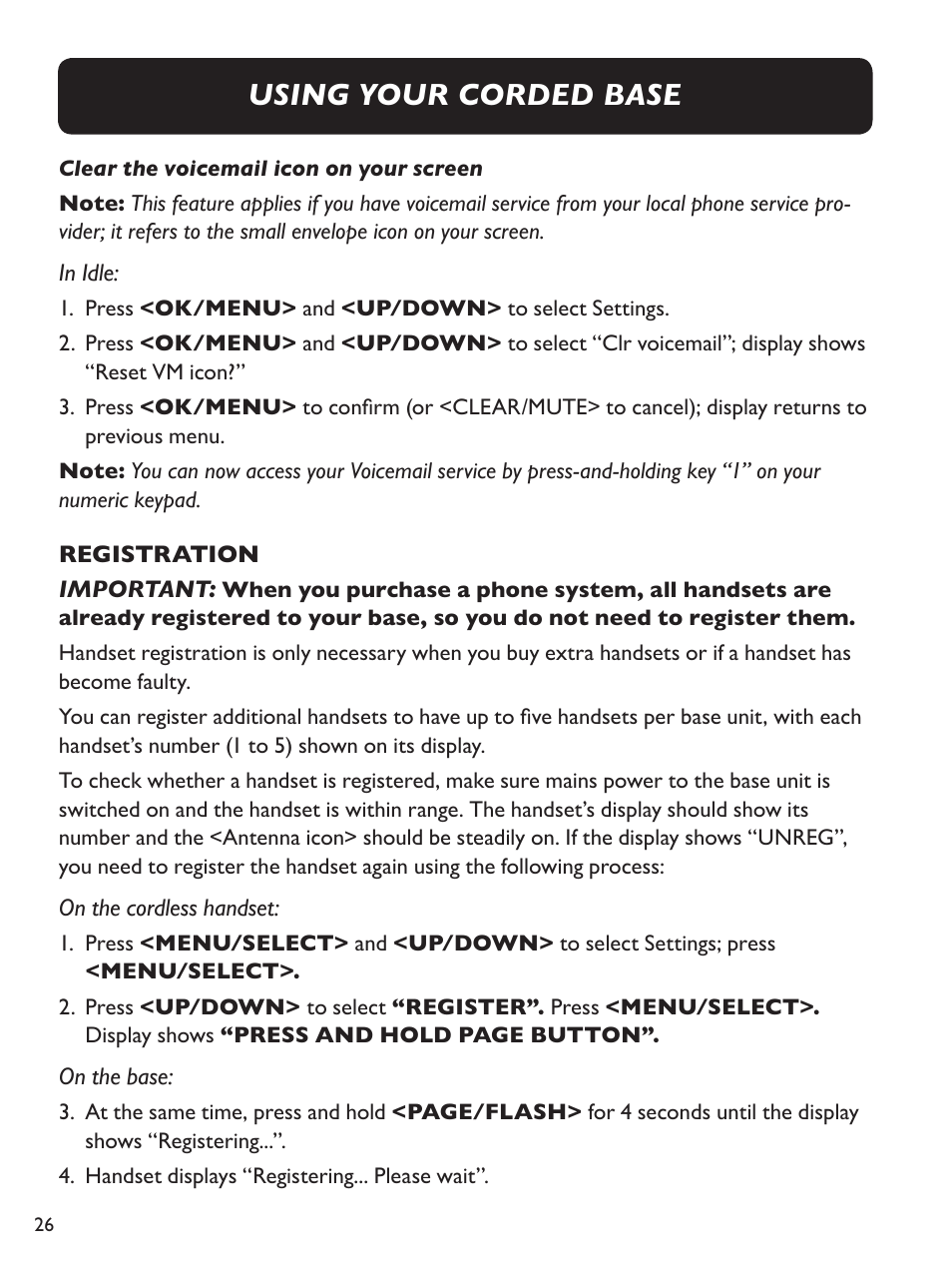 Using your corded base | Clarity E814CC User Manual | Page 26 / 64