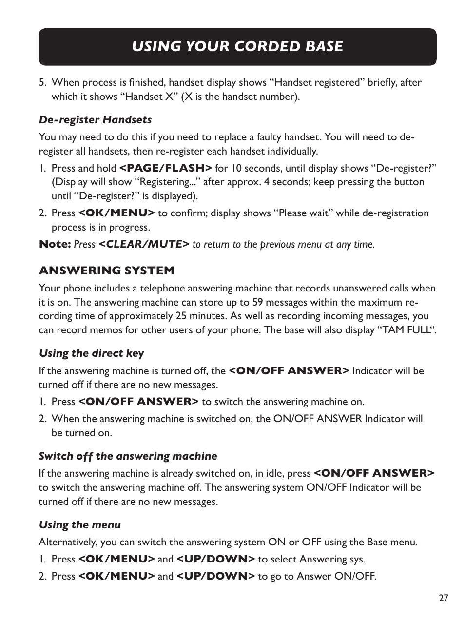 Using your corded base | Clarity E814CC User Manual | Page 27 / 64