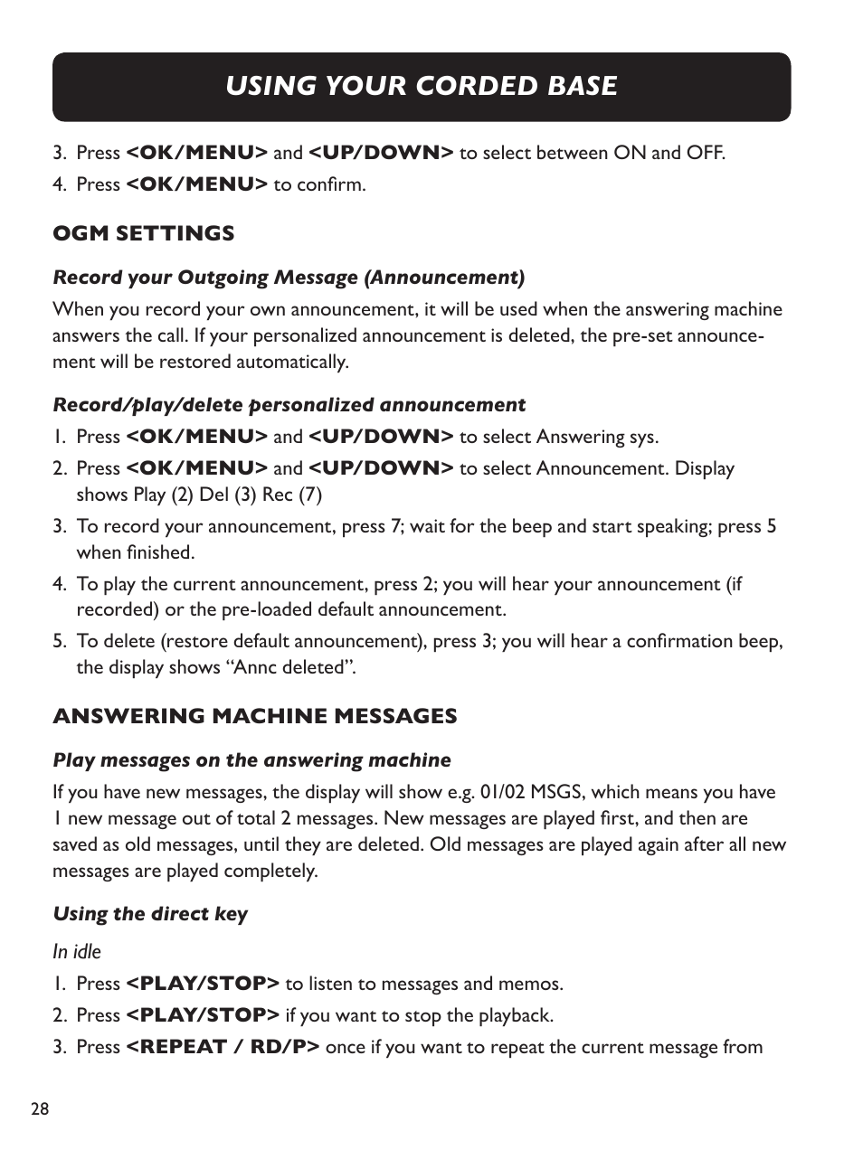 Using your corded base | Clarity E814CC User Manual | Page 28 / 64