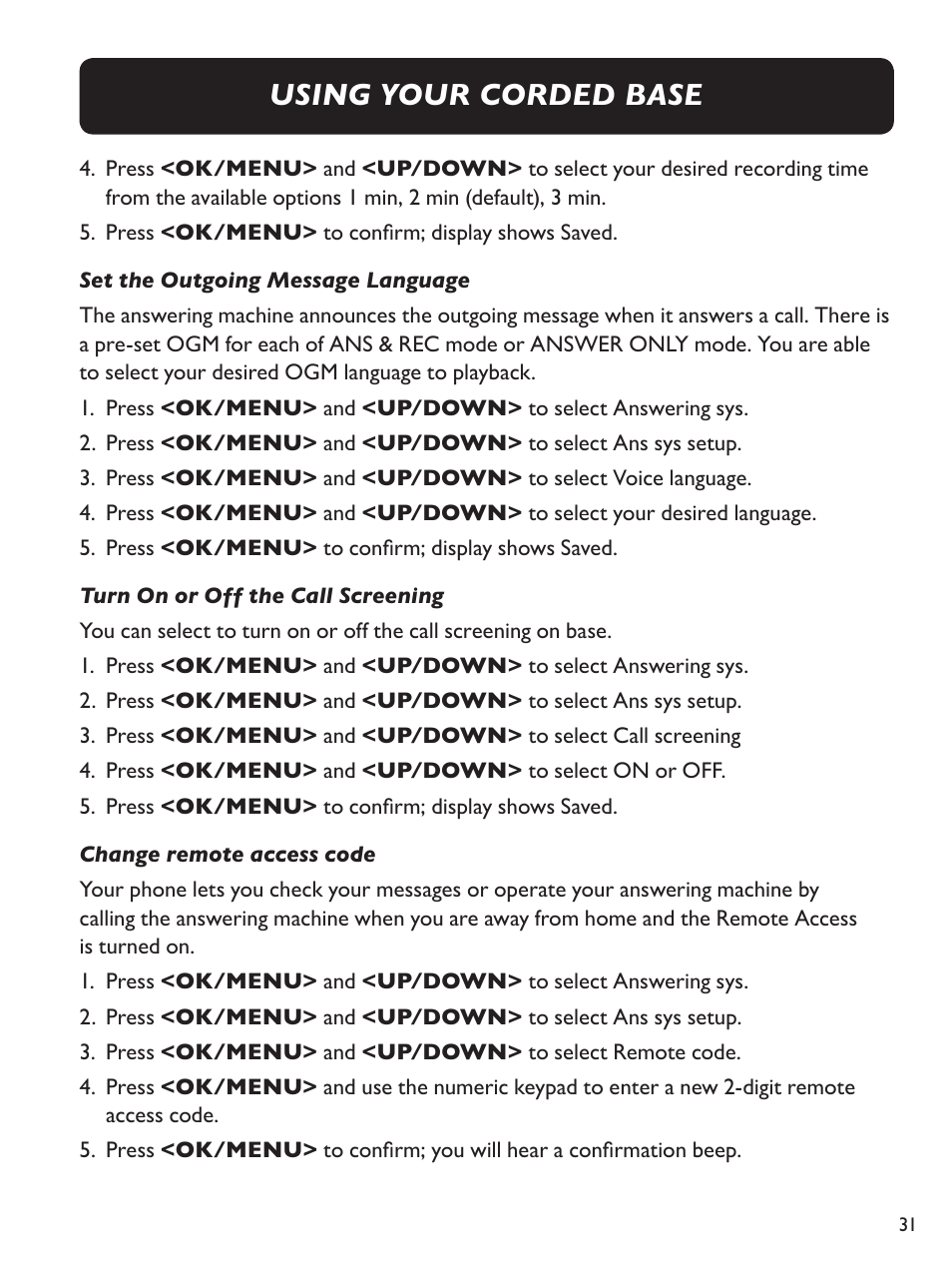 Using your corded base | Clarity E814CC User Manual | Page 31 / 64