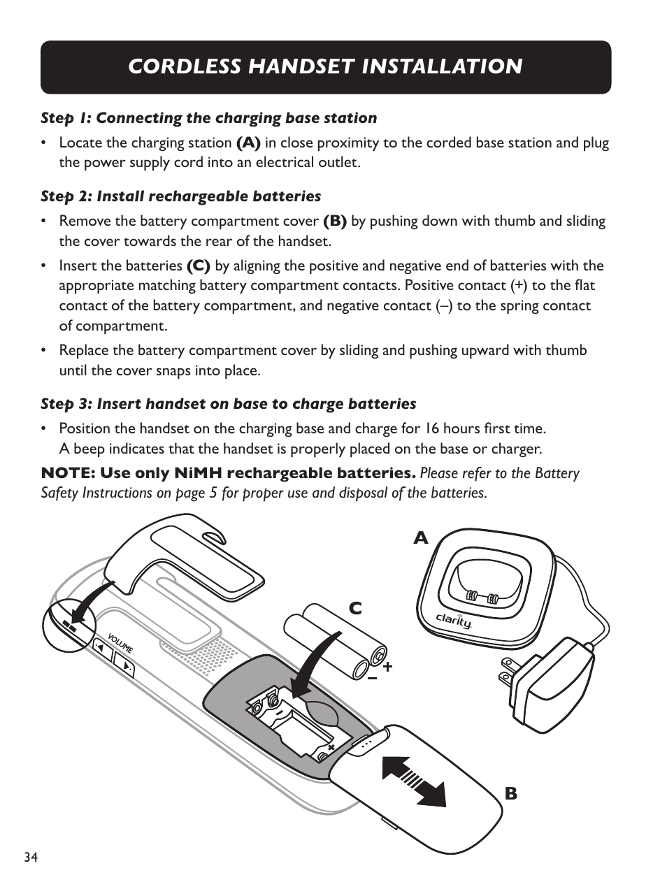 Cordless handset installation | Clarity E814CC User Manual | Page 34 / 64