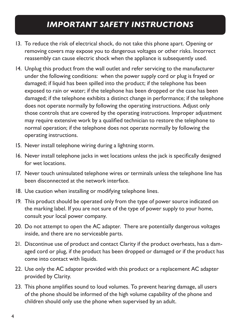 Important safety instructions | Clarity E814CC User Manual | Page 4 / 64