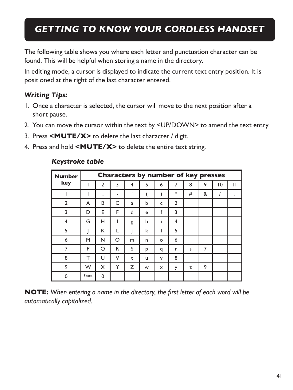Getting to know your cordless handset, Characters by number of key presses | Clarity E814CC User Manual | Page 41 / 64