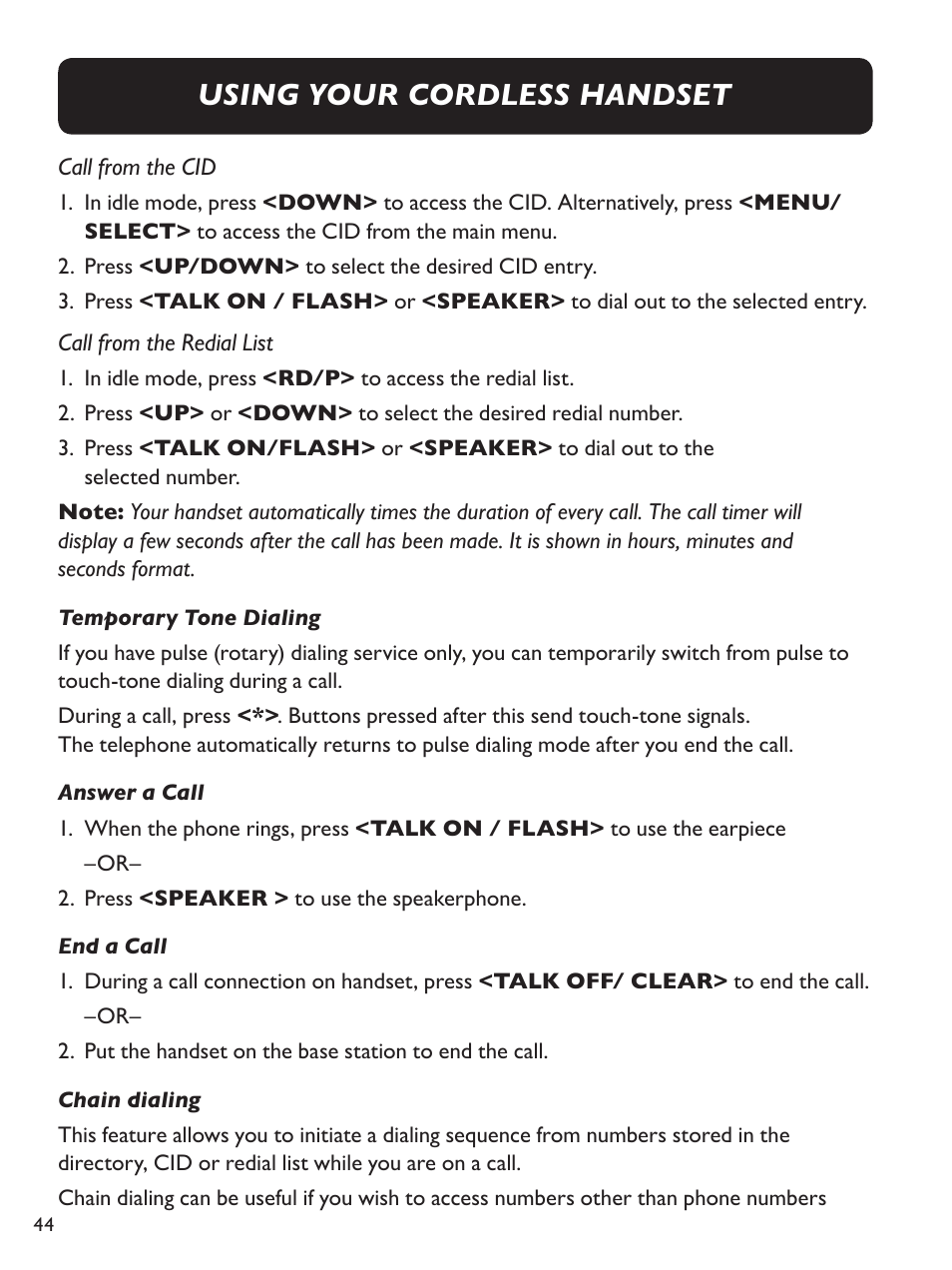 Using your cordless handset | Clarity E814CC User Manual | Page 44 / 64