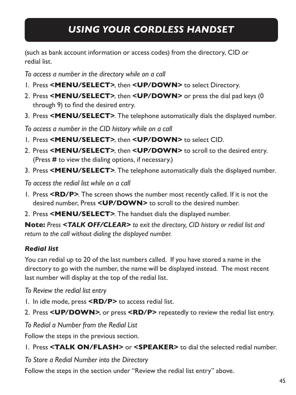 Using your cordless handset | Clarity E814CC User Manual | Page 45 / 64