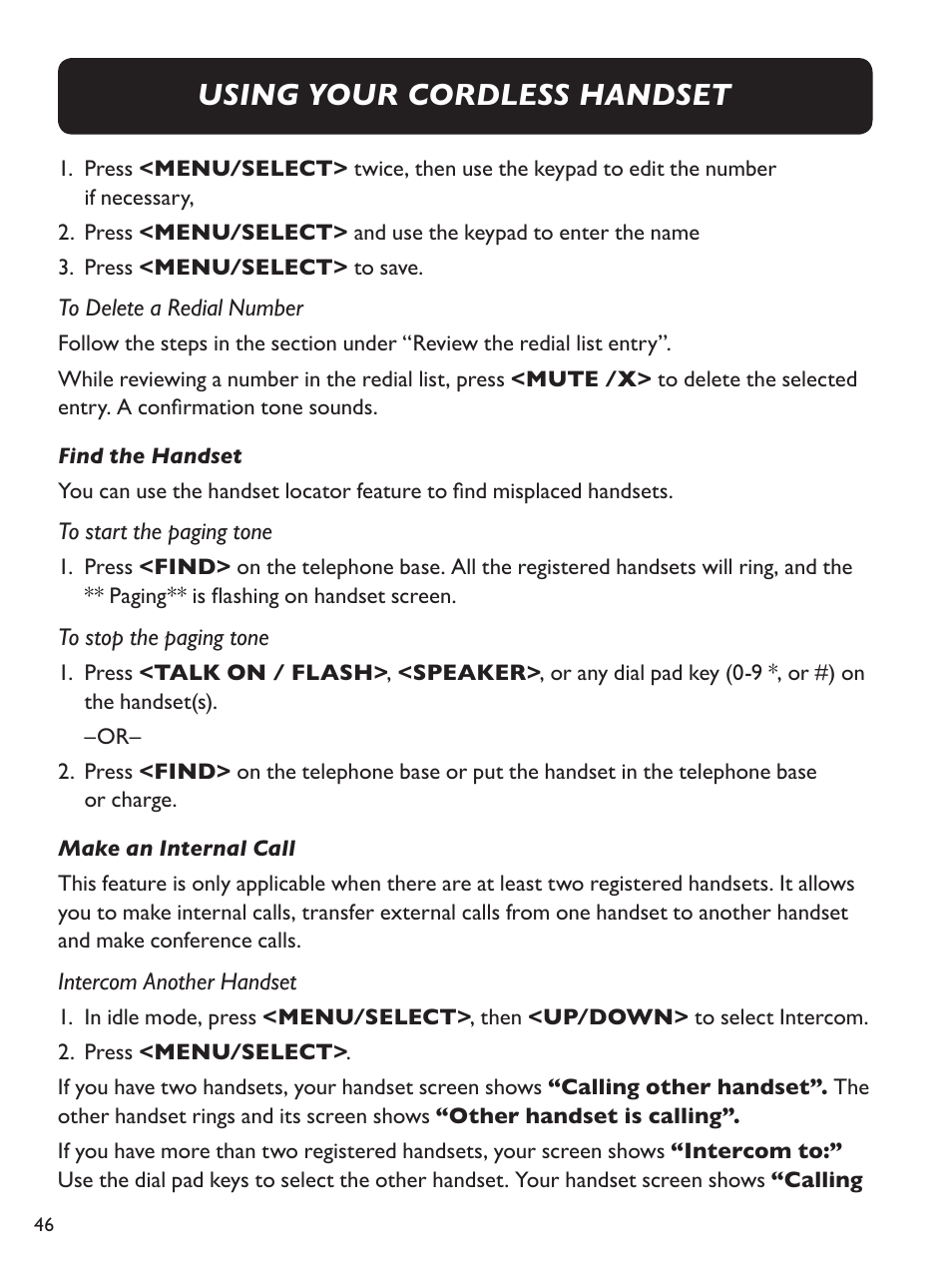 Using your cordless handset | Clarity E814CC User Manual | Page 46 / 64
