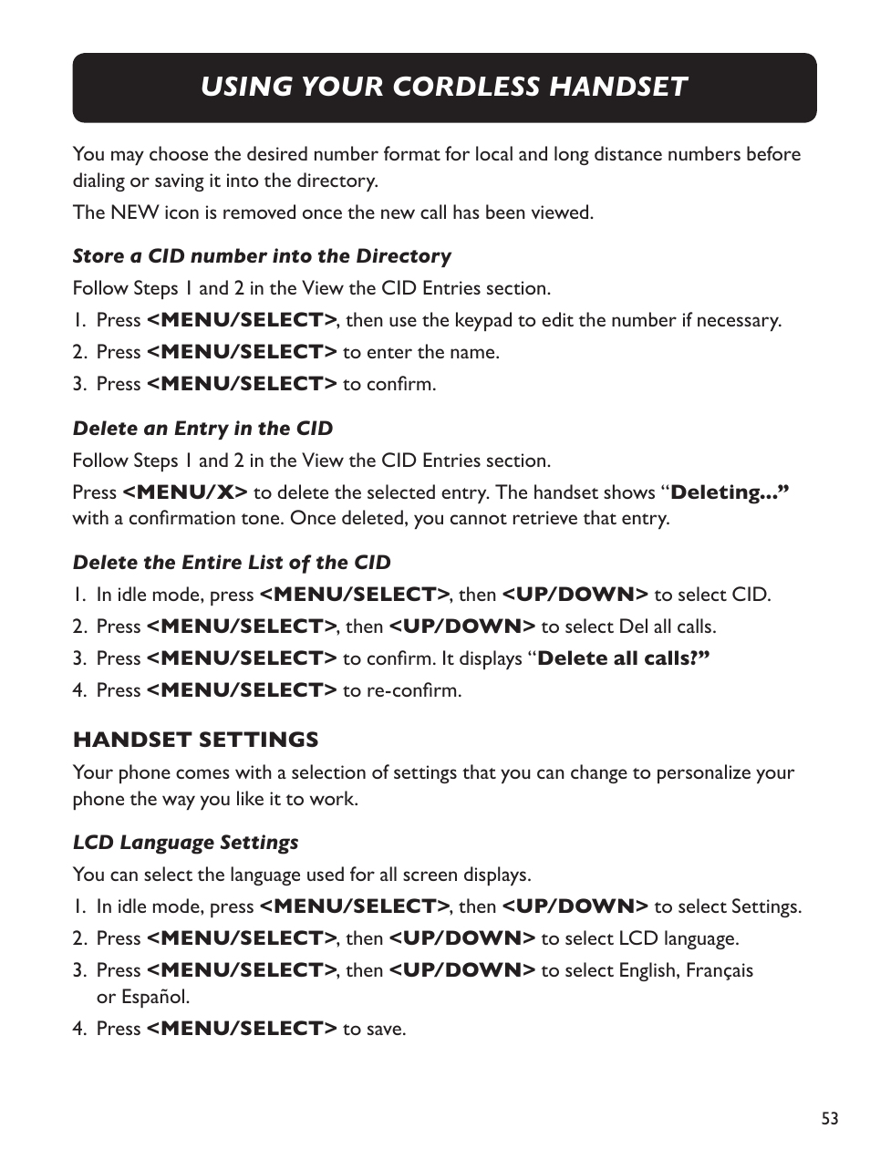 Using your cordless handset | Clarity E814CC User Manual | Page 53 / 64