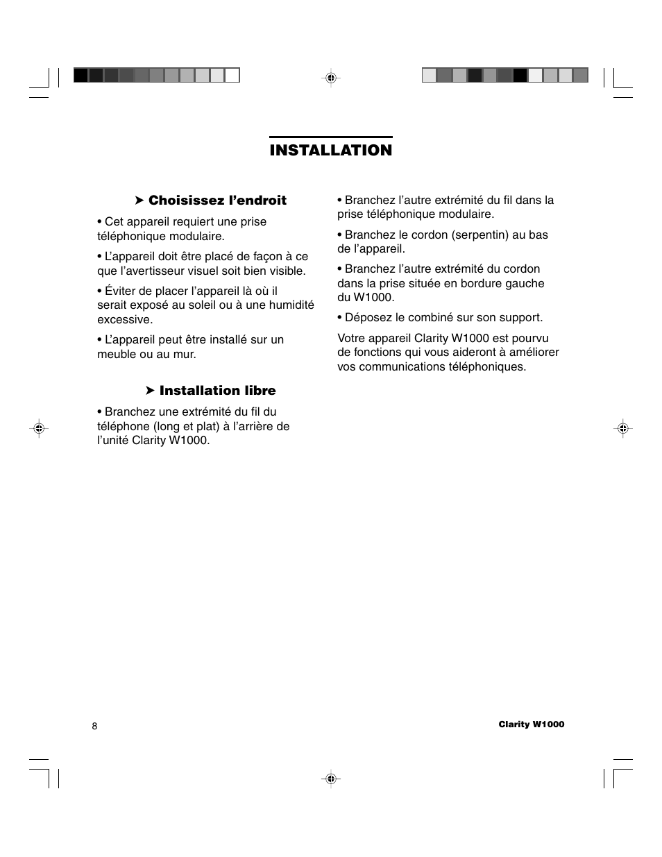 Installation | Clarity TELEPHONE W1000 User Manual | Page 64 / 84