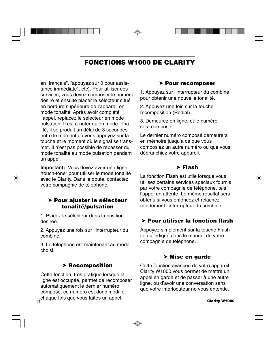 Fonctions w1000 de clarity | Clarity TELEPHONE W1000 User Manual | Page 70 / 84