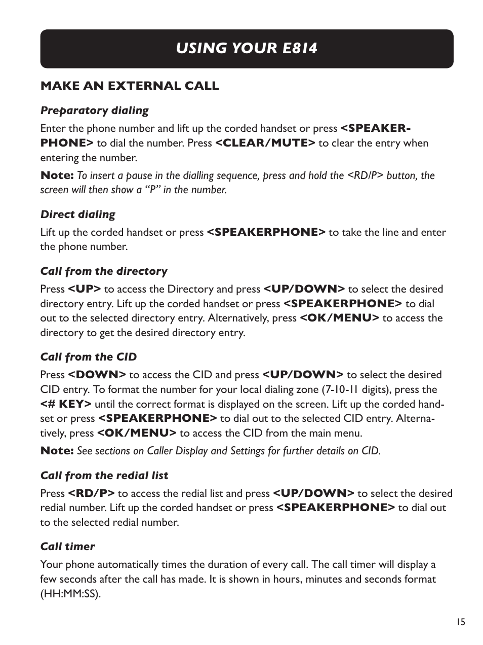 Using your e814 | Clarity Amplified Big Button Corded Phone with Digital Answering Machine E814 User Manual | Page 15 / 64