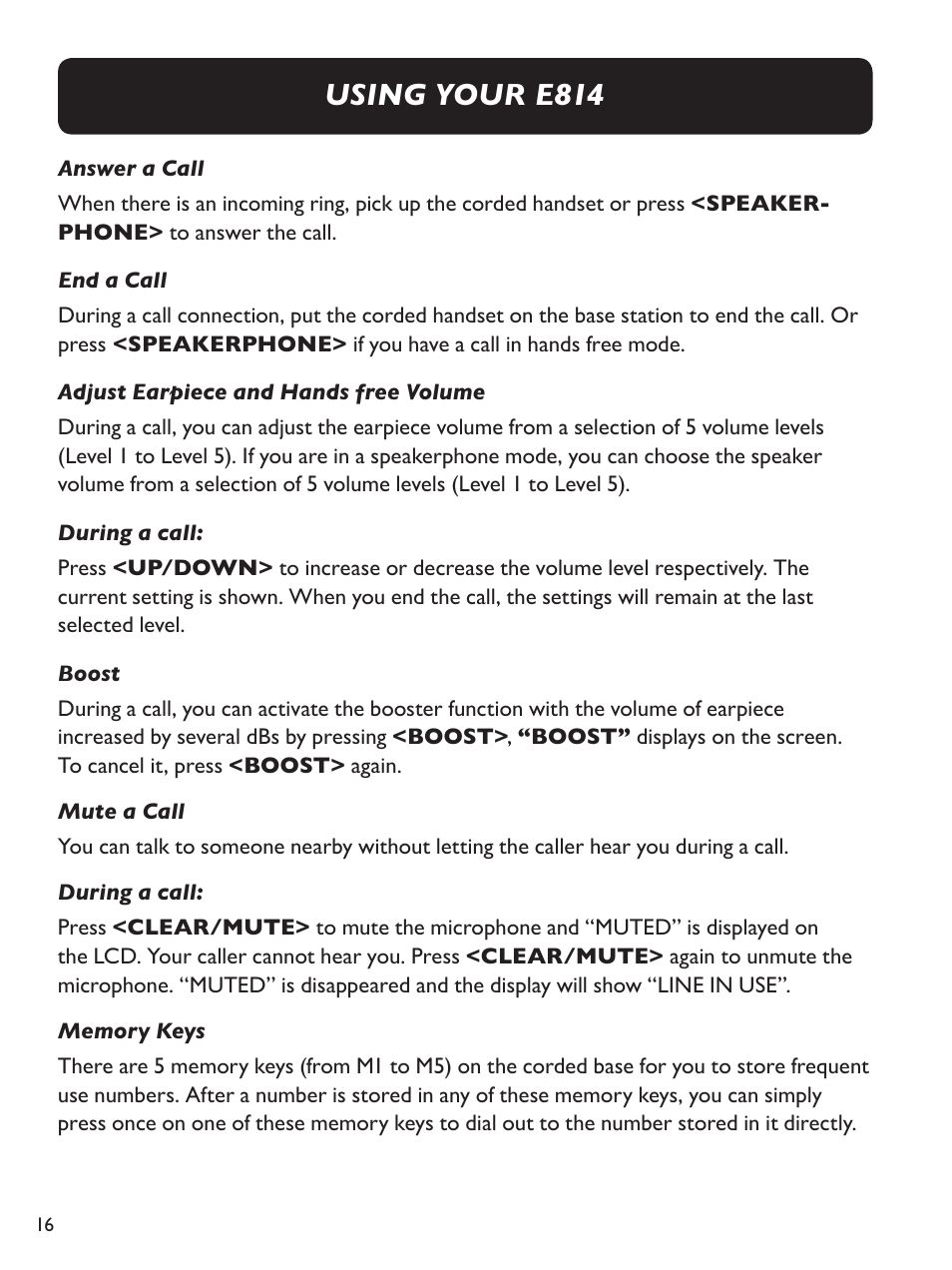 Using your e814 | Clarity Amplified Big Button Corded Phone with Digital Answering Machine E814 User Manual | Page 16 / 64