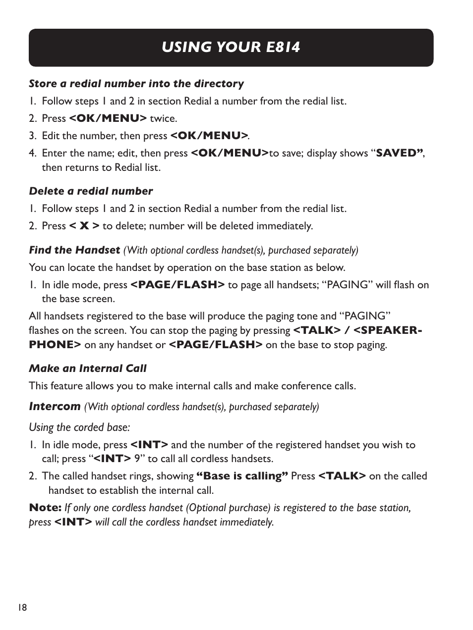 Using your e814 | Clarity Amplified Big Button Corded Phone with Digital Answering Machine E814 User Manual | Page 18 / 64