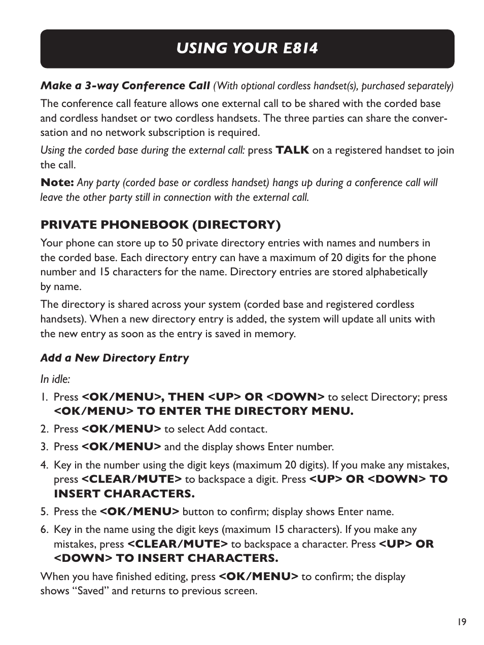Using your e814 | Clarity Amplified Big Button Corded Phone with Digital Answering Machine E814 User Manual | Page 19 / 64