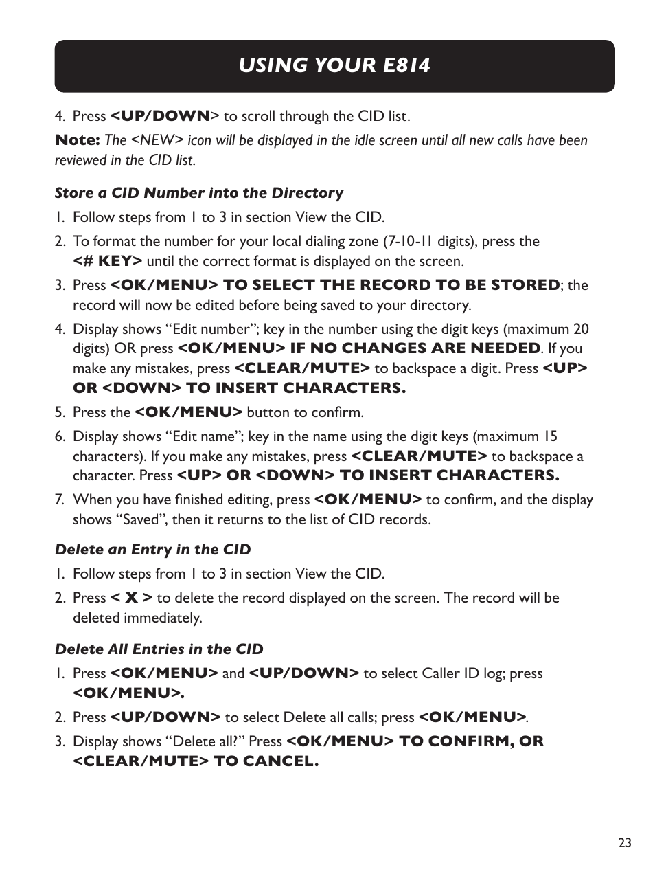 Using your e814 | Clarity Amplified Big Button Corded Phone with Digital Answering Machine E814 User Manual | Page 23 / 64