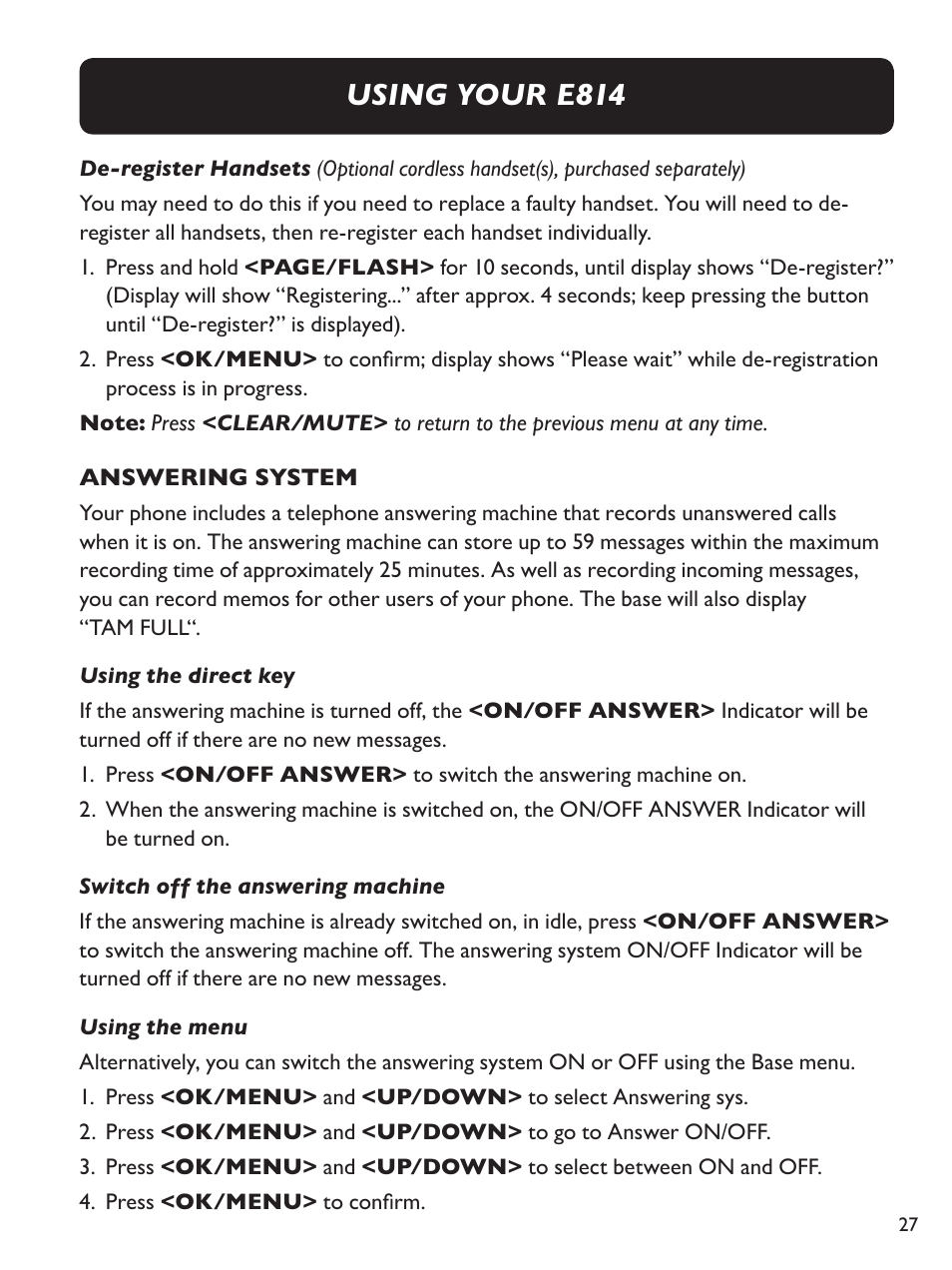 Using your e814 | Clarity Amplified Big Button Corded Phone with Digital Answering Machine E814 User Manual | Page 27 / 64