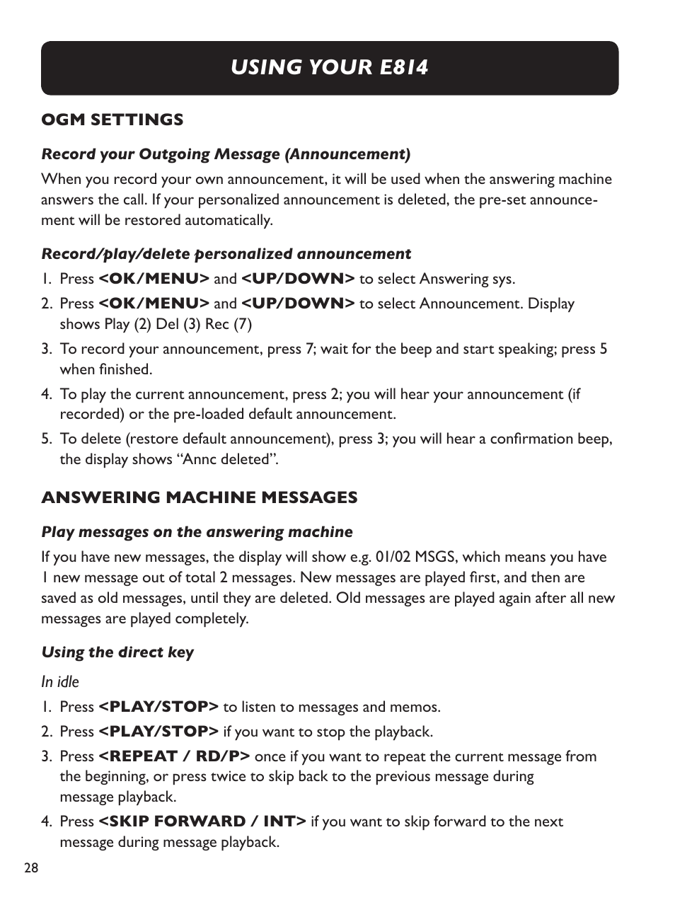 Using your e814 | Clarity Amplified Big Button Corded Phone with Digital Answering Machine E814 User Manual | Page 28 / 64