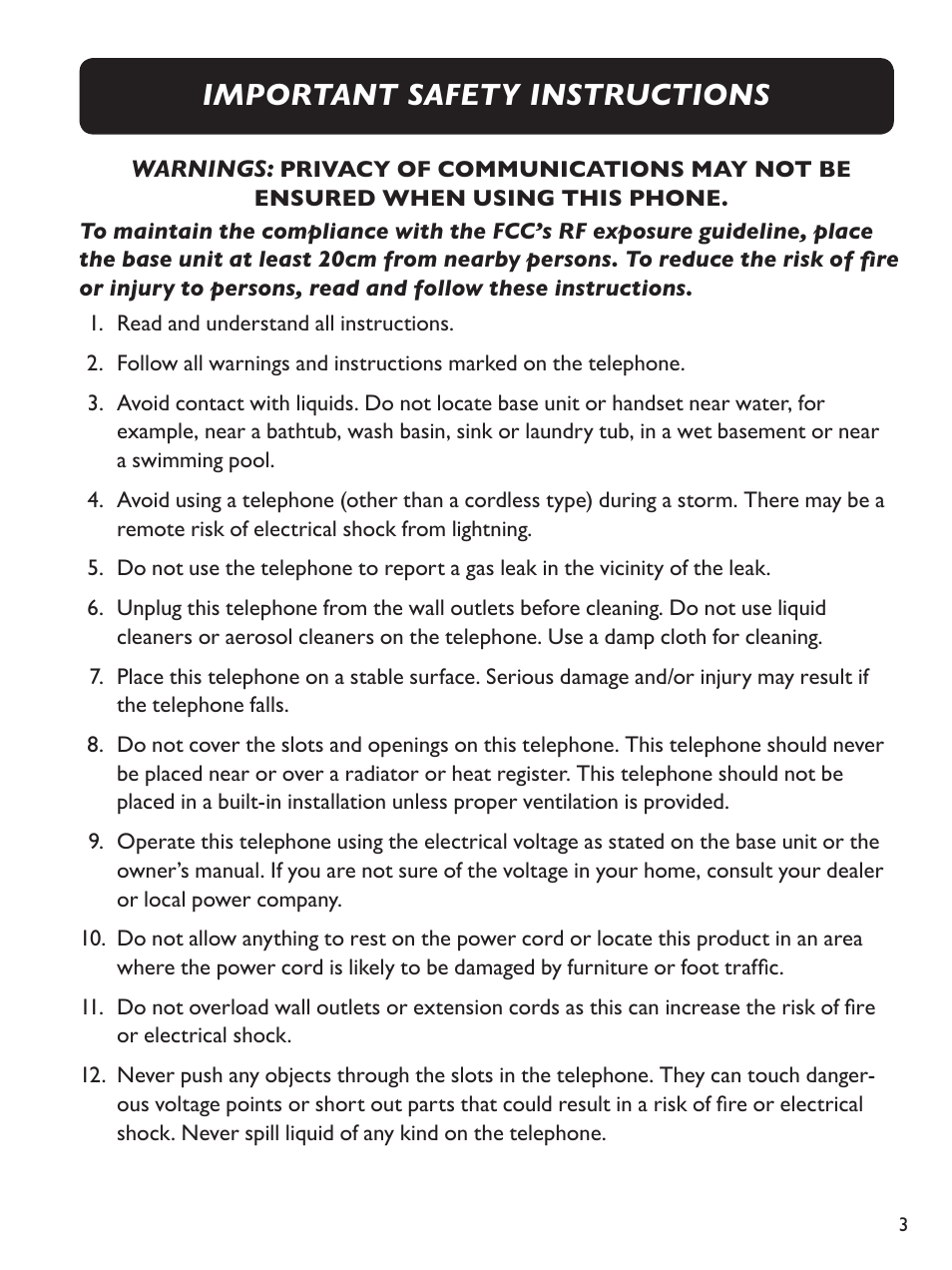Important safety instructions | Clarity Amplified Big Button Corded Phone with Digital Answering Machine E814 User Manual | Page 3 / 64