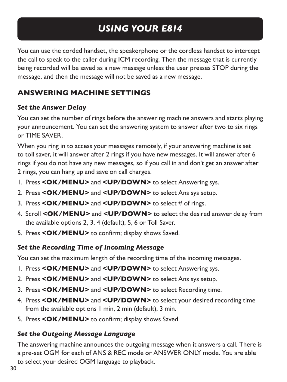 Using your e814 | Clarity Amplified Big Button Corded Phone with Digital Answering Machine E814 User Manual | Page 30 / 64