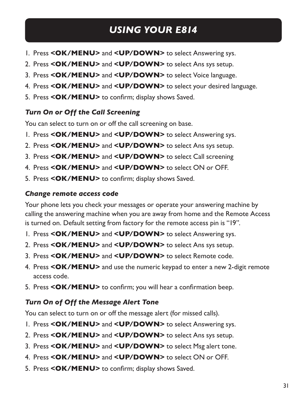 Using your e814 | Clarity Amplified Big Button Corded Phone with Digital Answering Machine E814 User Manual | Page 31 / 64