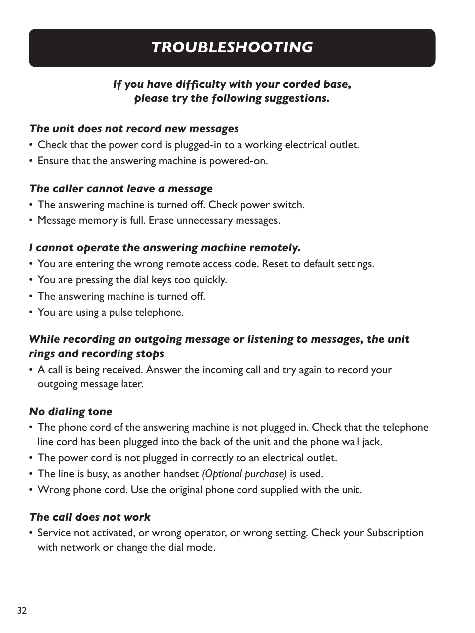 Troubleshooting | Clarity Amplified Big Button Corded Phone with Digital Answering Machine E814 User Manual | Page 32 / 64