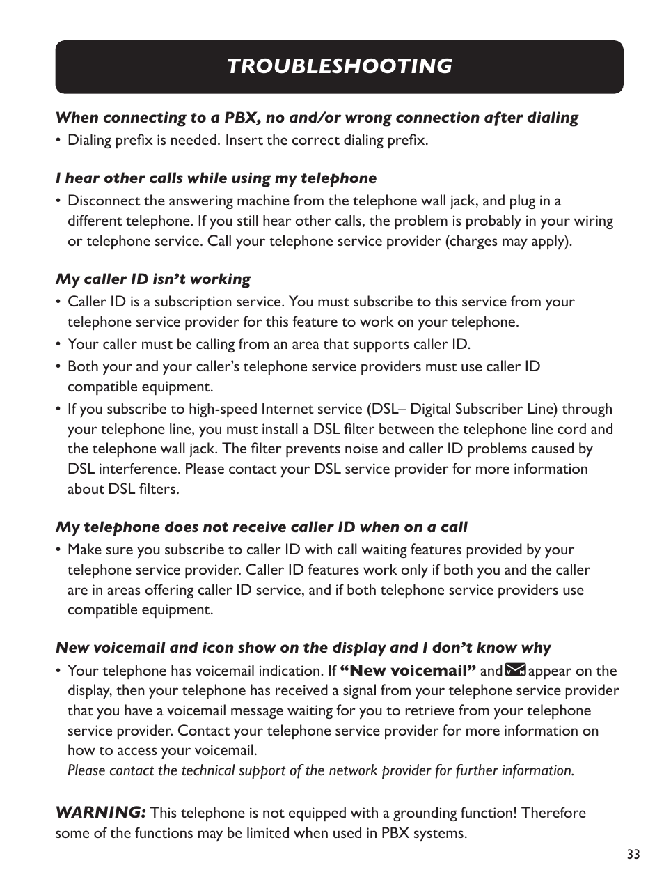 Troubleshooting | Clarity Amplified Big Button Corded Phone with Digital Answering Machine E814 User Manual | Page 33 / 64