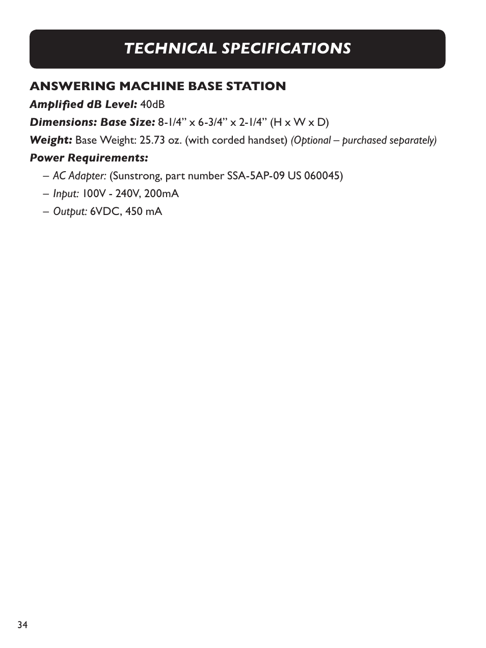 Technical specifications | Clarity Amplified Big Button Corded Phone with Digital Answering Machine E814 User Manual | Page 34 / 64