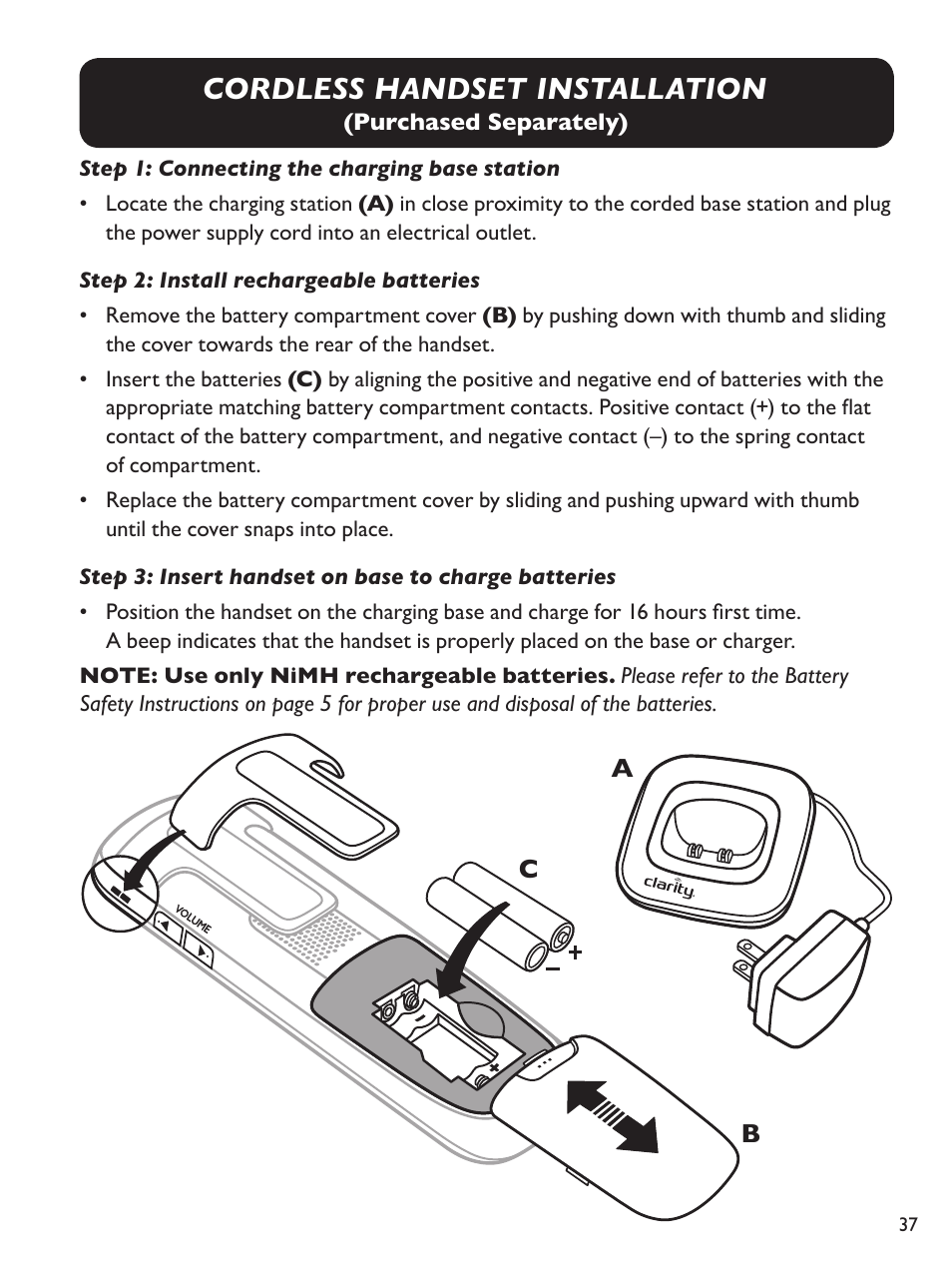 Cordless handset installation | Clarity Amplified Big Button Corded Phone with Digital Answering Machine E814 User Manual | Page 37 / 64