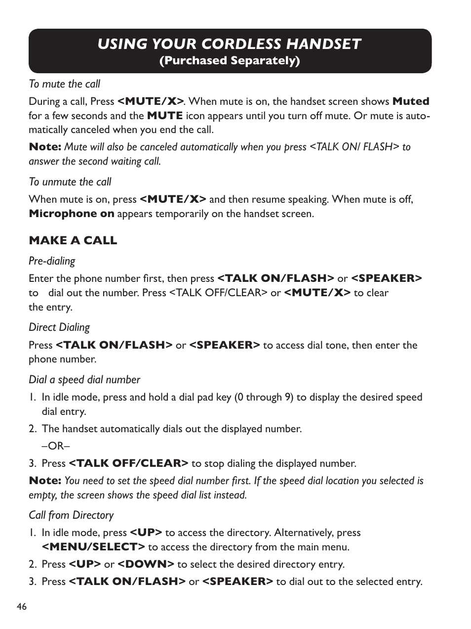 Using your cordless handset | Clarity Amplified Big Button Corded Phone with Digital Answering Machine E814 User Manual | Page 46 / 64