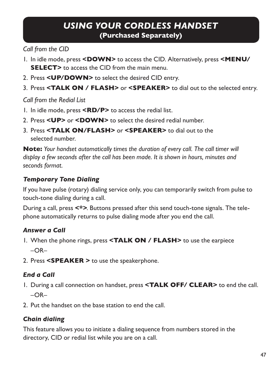 Using your cordless handset | Clarity Amplified Big Button Corded Phone with Digital Answering Machine E814 User Manual | Page 47 / 64