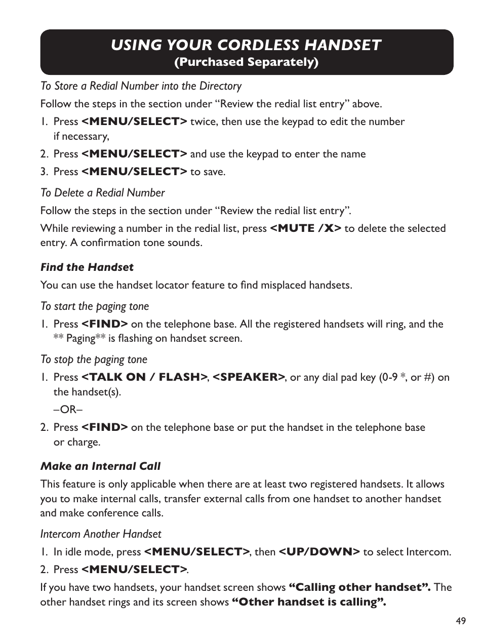 Using your cordless handset | Clarity Amplified Big Button Corded Phone with Digital Answering Machine E814 User Manual | Page 49 / 64