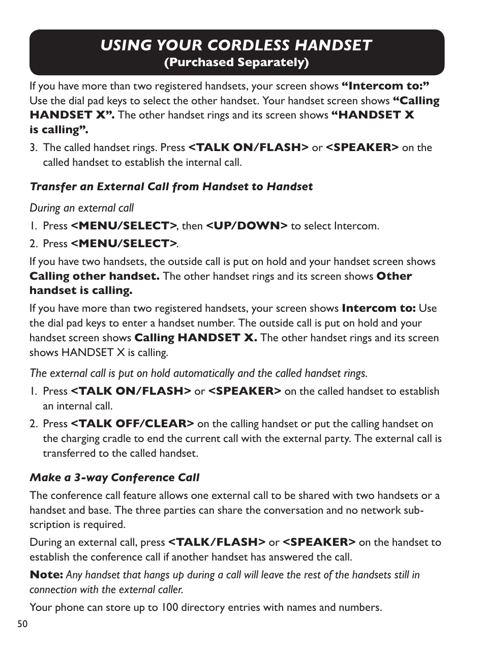 Using your cordless handset | Clarity Amplified Big Button Corded Phone with Digital Answering Machine E814 User Manual | Page 50 / 64
