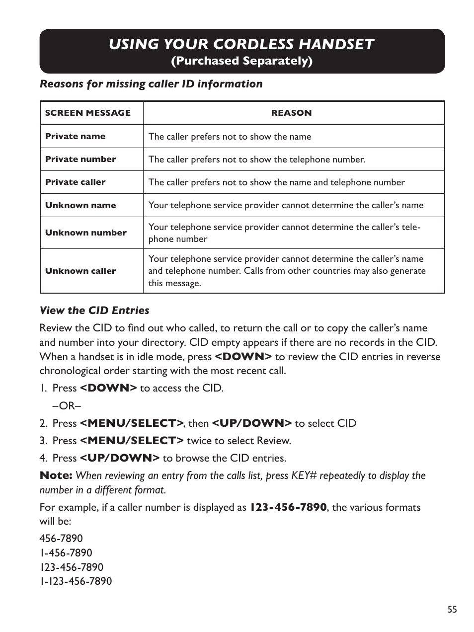 Using your cordless handset, Purchased separately) | Clarity Amplified Big Button Corded Phone with Digital Answering Machine E814 User Manual | Page 55 / 64