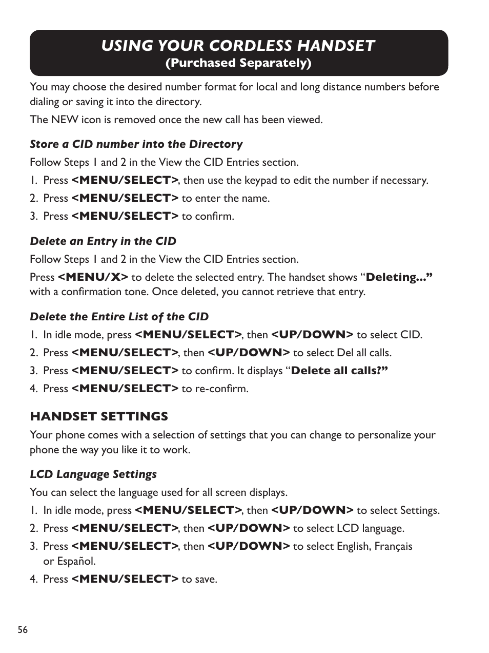 Using your cordless handset | Clarity Amplified Big Button Corded Phone with Digital Answering Machine E814 User Manual | Page 56 / 64