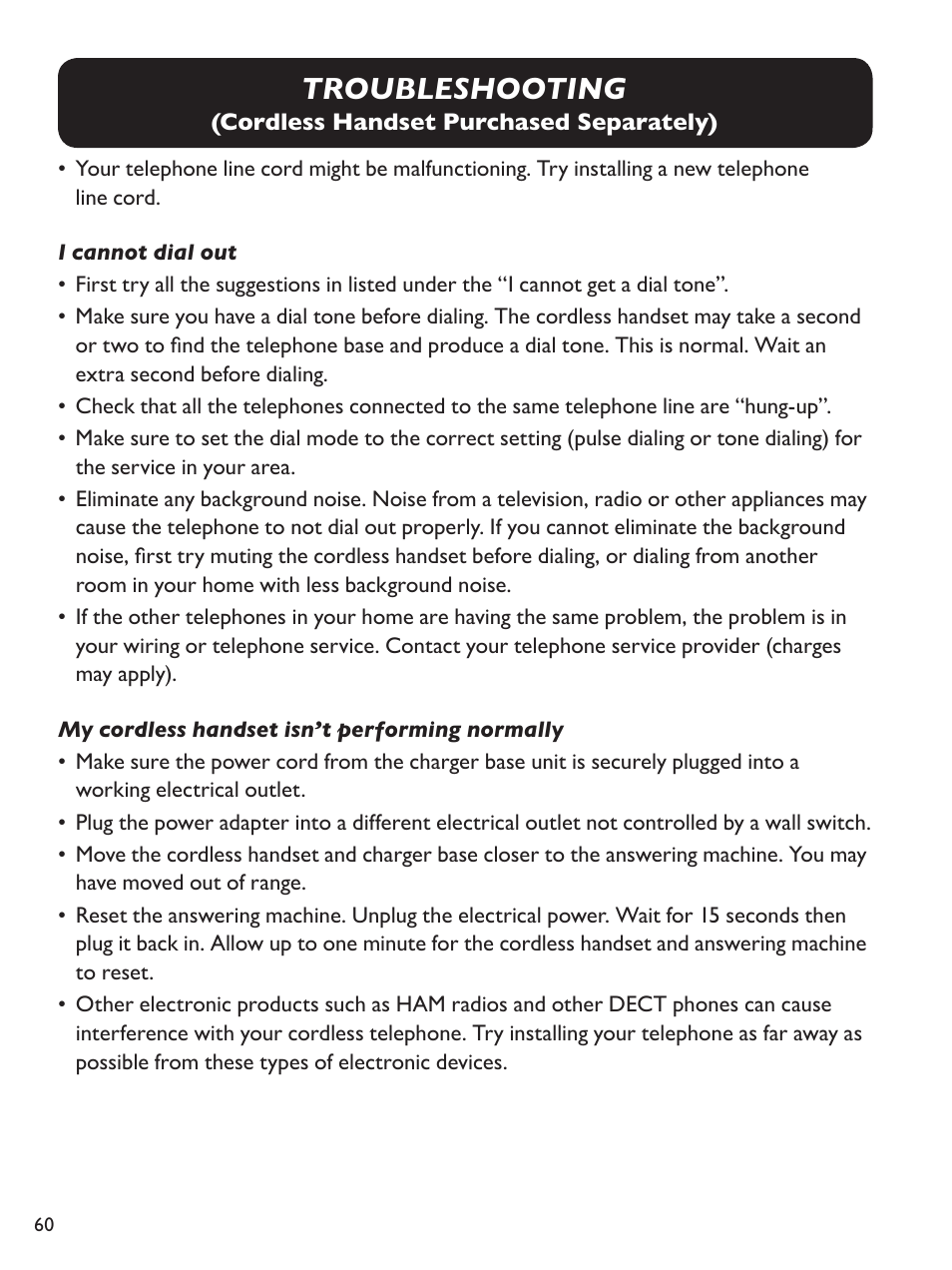 Troubleshooting | Clarity Amplified Big Button Corded Phone with Digital Answering Machine E814 User Manual | Page 60 / 64
