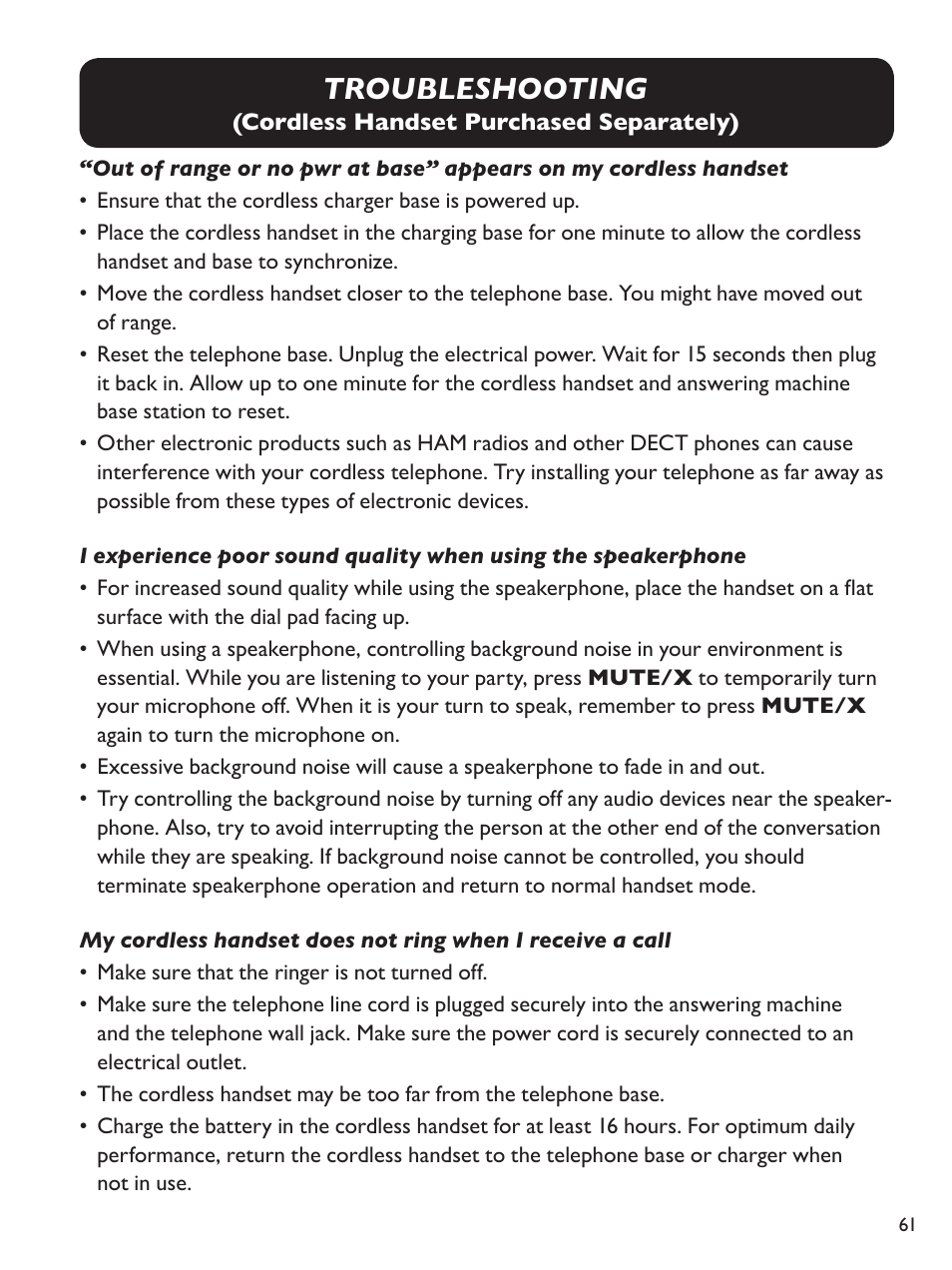 Troubleshooting | Clarity Amplified Big Button Corded Phone with Digital Answering Machine E814 User Manual | Page 61 / 64