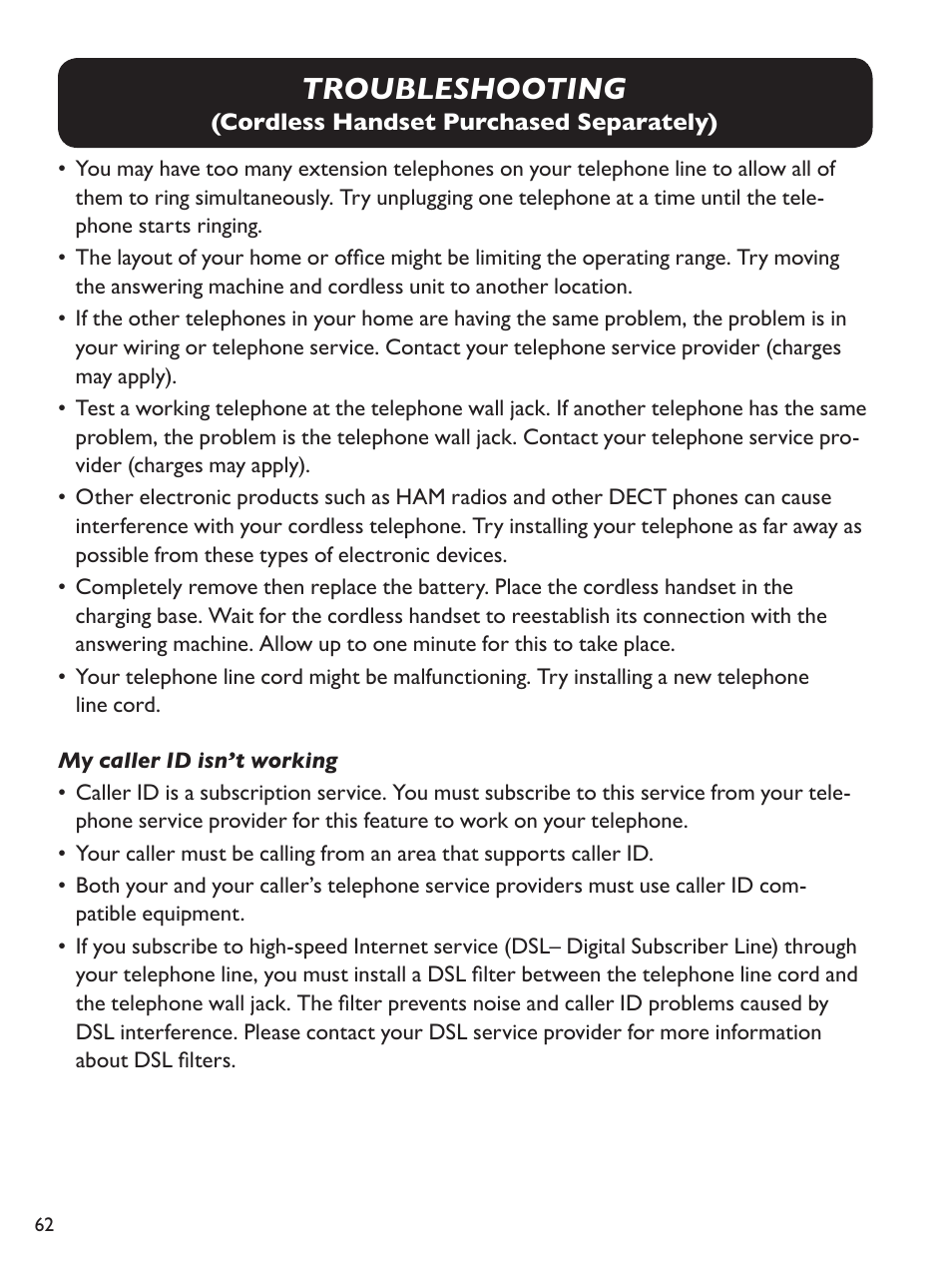 Troubleshooting | Clarity Amplified Big Button Corded Phone with Digital Answering Machine E814 User Manual | Page 62 / 64