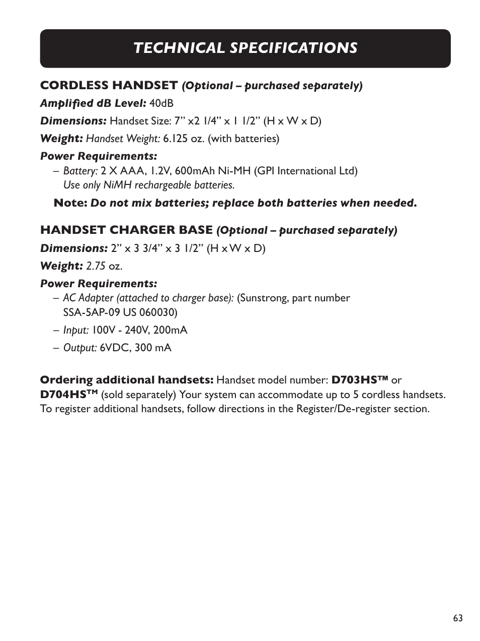 Technical specifications | Clarity Amplified Big Button Corded Phone with Digital Answering Machine E814 User Manual | Page 63 / 64